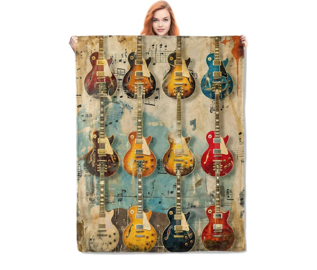 Vintage Guitar Music Blanket Gifts for Women, Musician Flannel Blanket, Soft Warm Lightweight Throw Blankets for Bed Couch Home Travel Guitar Decor 50" x 60"