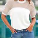 PRETTYGARDEN Women's 2025 Summer Crew Neck Short Sleeve Shirts Lace Going Out Sheer Mesh Crop Tops Dressy Casual Blouses (White)