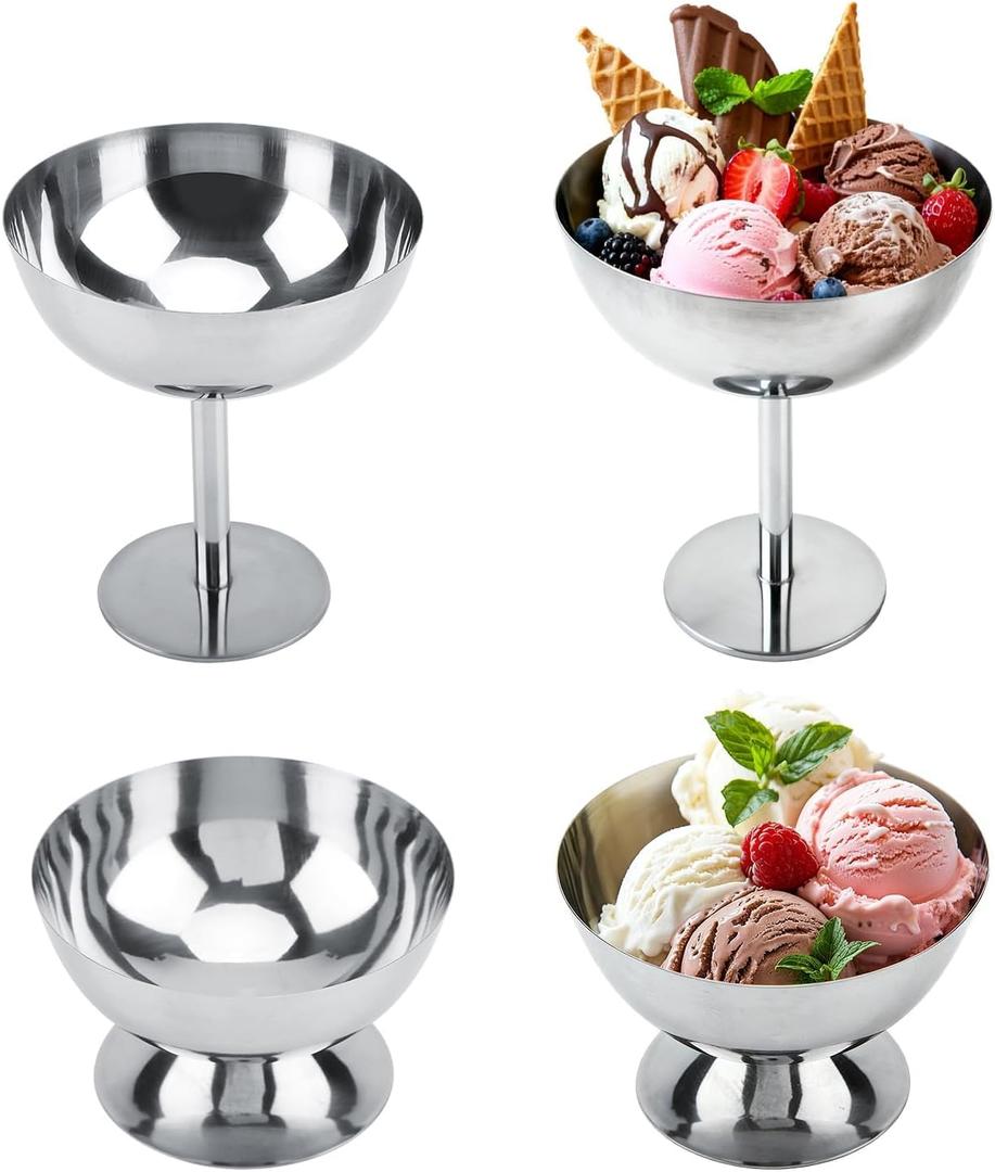 Hapivida 4Pcs Dessert Cups, Stainless Steel Reusable Serving Ice Cream Bowls Round Footed Sauce Bowls Yogurt Snack Candy Sundae Cup Wedding Birthday Party Decoration