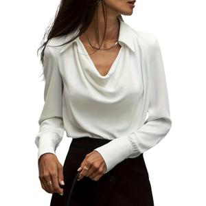 SOMTHRON Women's Elegant Satin Silk Blouse Cowl Neck Ruched Front Draped Long Sleeve Work Office Shirt Top (Large, White)