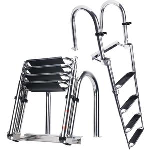 Heavy Duty Pontoon Boat Ladder, 316 Stainless Steel 4 Step Telescoping Folding Ladder Rear Entry Inboard Ladder All Welded Reinforce Dock Ladder Swim Deck Ladder Wide Steps Strong Handrails