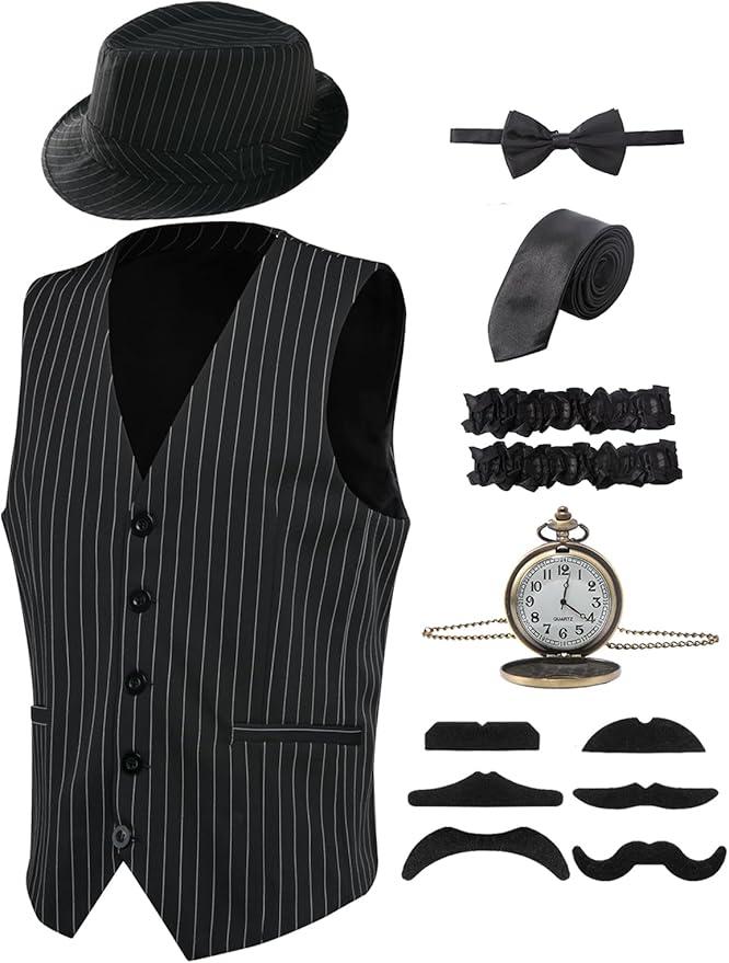 RAINDEWLL 1920s Mens Costume Roaring 20s Costumes for Men Gatsby Outfit Gangster Vest Fedora Hat 2XL