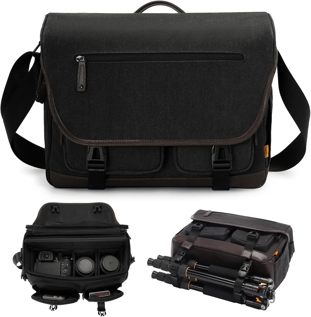 Cwatcun Camera Messenger Bag, Vintage Canvas Flap Camera Bag for Photography with Tripod Holder, DSLR/SLR/Mirrorless Camera Case Professional, Camera Shoulder Bag Compatible with Canon/Nikon/Sony-L