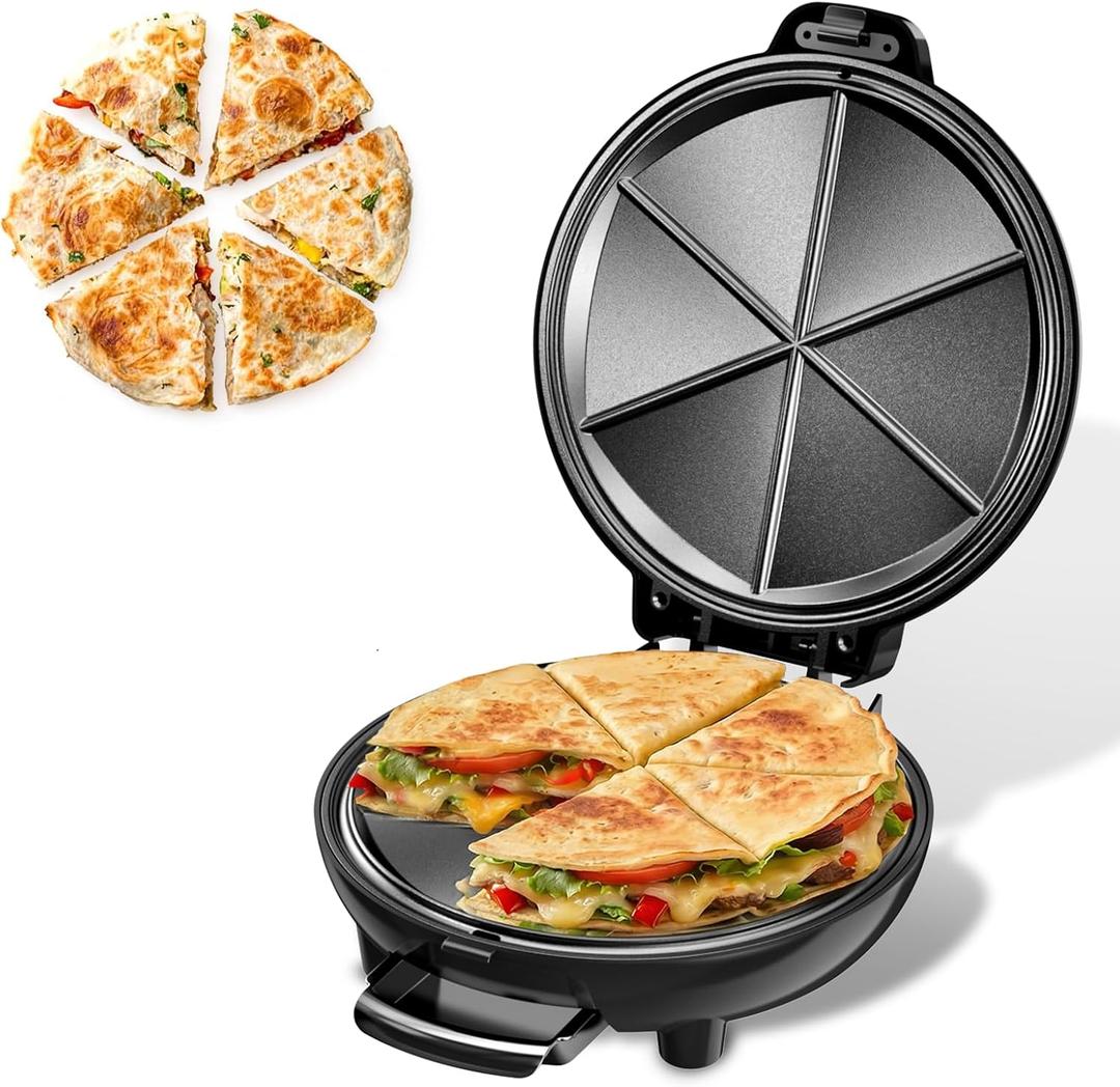 Electric Quesadilla Maker, 9.5'' Quesadilla Press with Easy Slice 6 Wedge, Non Stick Surface, Locking Latch For Extra Stuffing, Grilled Cheese Corn Flour Tortilla Snacks (Black)