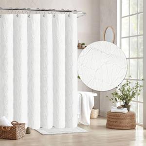 Tititex White 3D Embossed Textured Fabric Shower Curtain for Bathroom,Farmhouse Coastal Soft Cloth Shower Curtain Set - 72x72