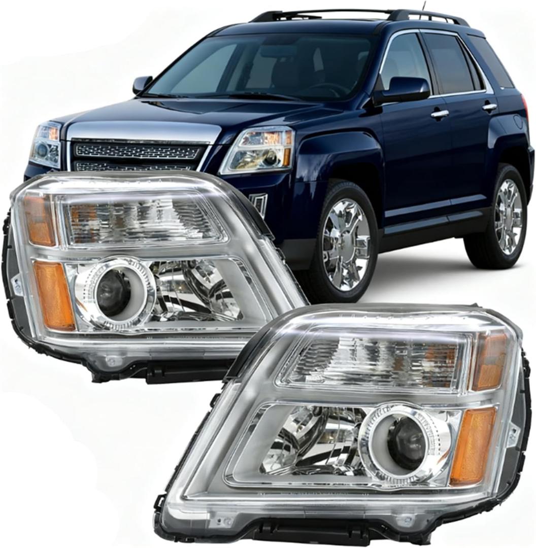 PHILTOP Headlights Assembly Compatible with 2010 2011 2012 2013 2014 2015 GMC Terrain, Chrome Housing Clear Lens Amber Reflector, Halogen Headlamps (Driver + Passenger Side)