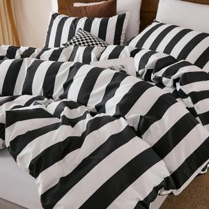 Merryword Black and White Striped Comforter Set King Size, 100% Cotton Reversible Comforter Set 3 Pcs, Luxury Linen Like Bedding, Soft Breathable Lightweight Comforter for All Seasons