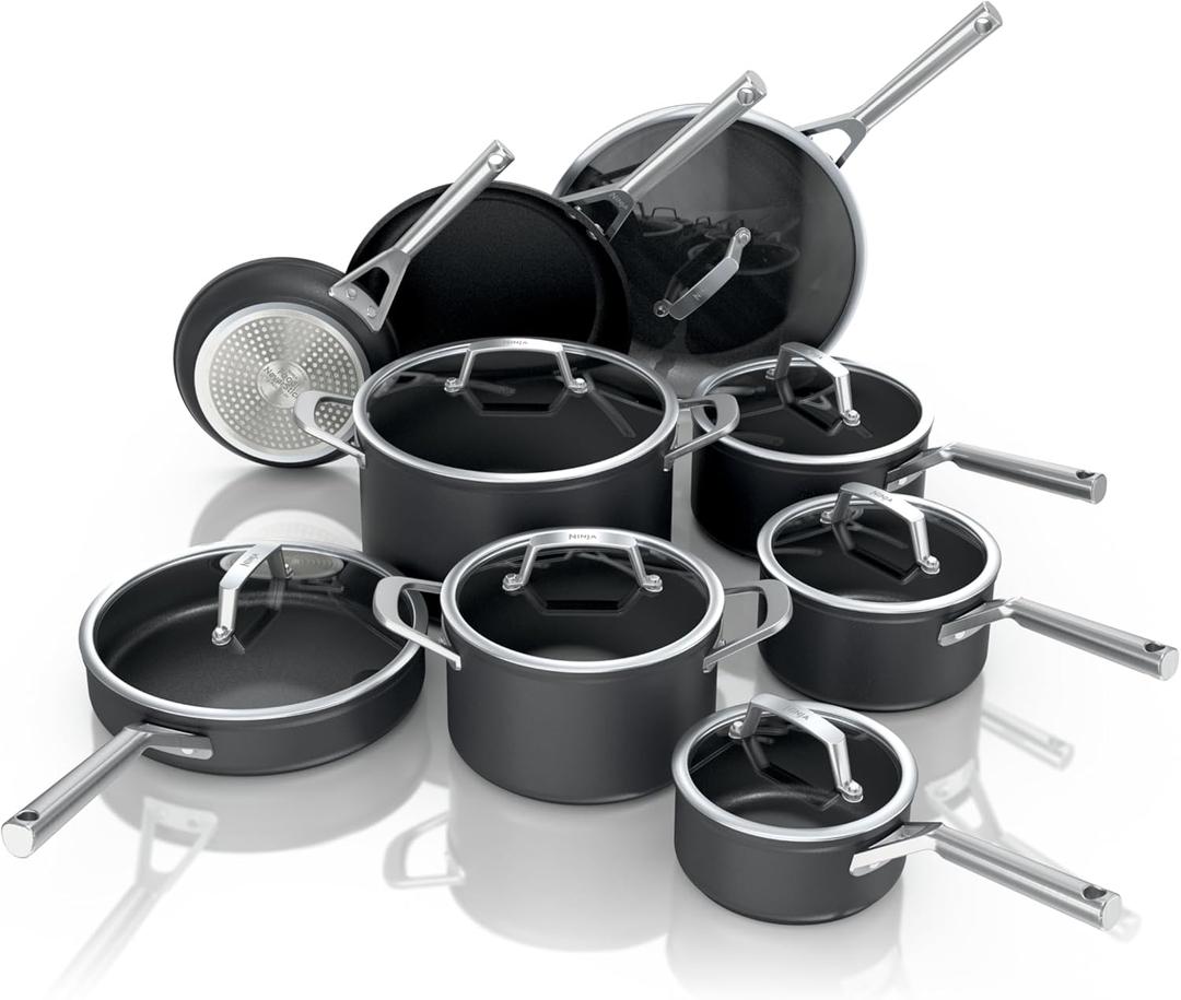 Ninja Cookware, Ninja NeverStick Professional, 16-Piece Pots and Pans Set, Non Stick Frying Pans, Kitchen Essentials, Stock Pot, Sauce Pan, Glass Lids, Saute Pan, All Stovetops, Black, C39900