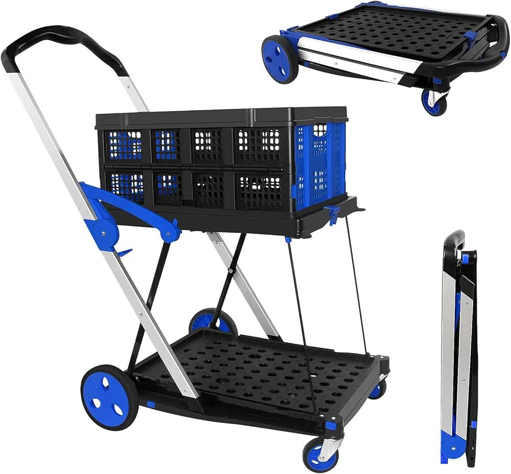 OSWIN Folding Trolley with Wheels, Double Layer Portable Trolley Shopping Carts, Foldable Rolling Crate Utility Cart with Collapsible Bin, Hand Truck and Office Outdoor Storage of Debris Easy to Brake