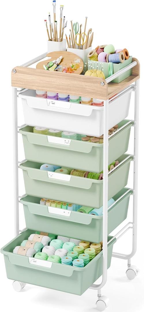 SYKIARIOL Rolling Storage Utility Cart with 5 Drawers, Craft Cart with Wheels, Makeup Organizer, Art Supply and Storage Wooden Tabletop, Green