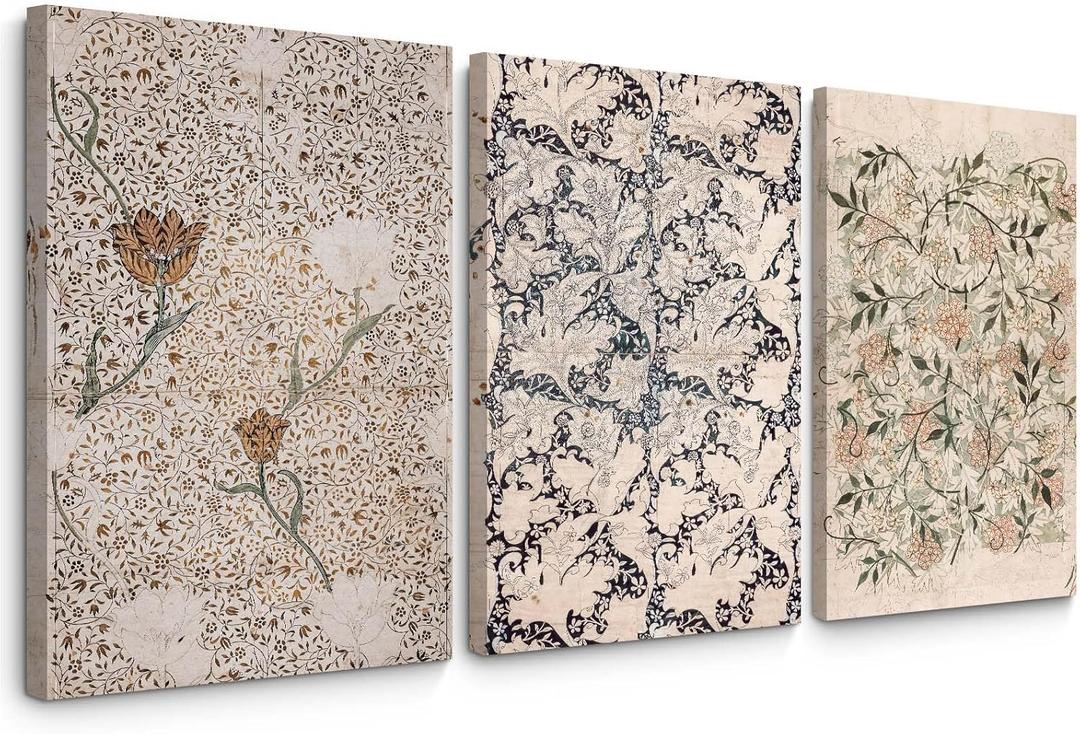 Tanmart Vintage Botanical Wall Art Decor Antique Floral Canvas Wall Art Neutral Flower Prints Poster Vintage Farmhouse Pictures Painting for Living Room Bedroom 16x24 Inch Wrapped Canvas Set of 3