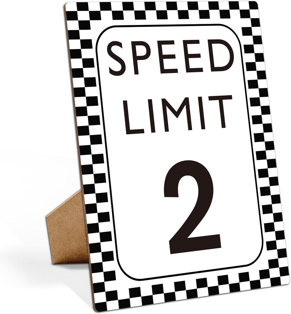 Race Car Birthday Decor, Speed Limit 2 Sign, Fast One, Race Car Birthday Party Decorations, 811 Wooden Play Sign with Stand, Let's Go Racing Party Supplies for Boy Race Fans - SL2
