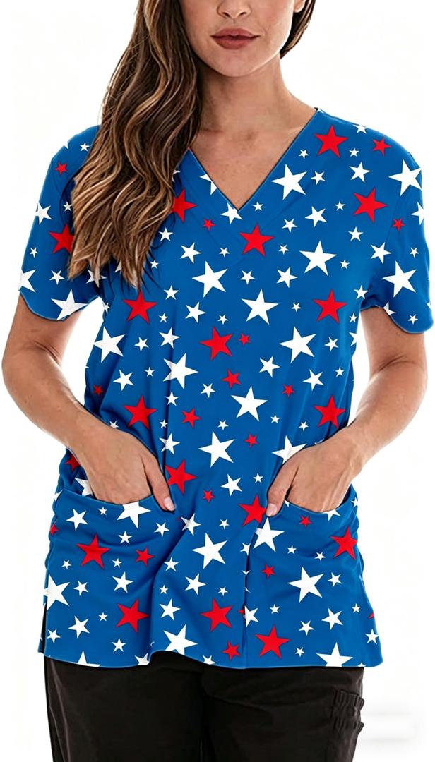 Roshop 4th of July Scrub Tops Women V-Neck Short Sleeve Holiday Themed Patriotic Scrubs L