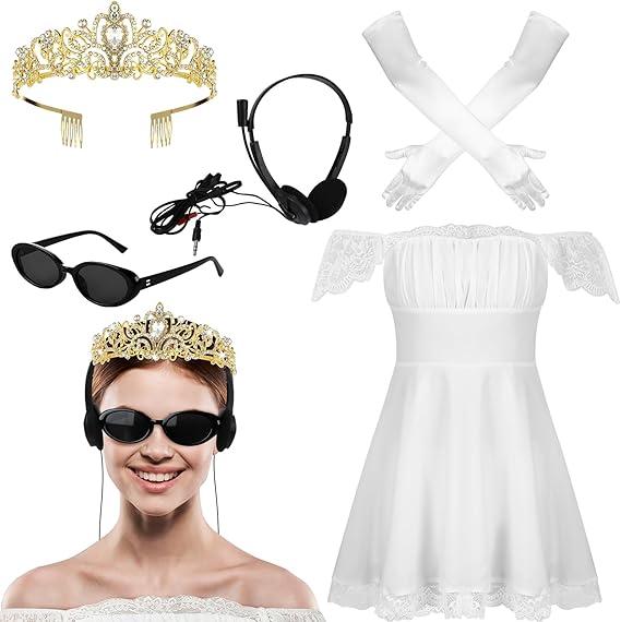 5Pcs Halloween Princess Costume Women Outfits white Dress Crown Headphone Sunglasses Gloves for Cosplay Party, Size L
