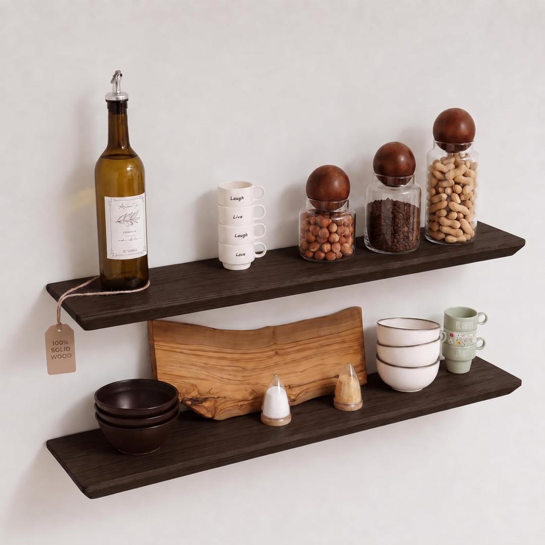 Floating Shelves for Wall -Solid Pine Wood Wall Shelf - Bathroom Shelves -Wall Shelves for Bedroom Living Room - Floating Shelf for Wall Mounted Shelves (Dark Walnut, 36 Inch)