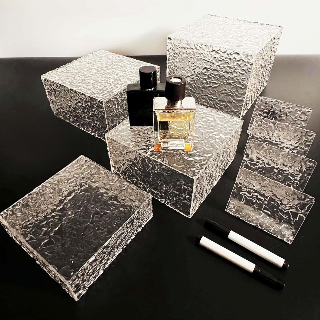 4PCS Buffet Risers Display Stands with 4PCS Mini Signs,Acrylic Cube Display Risers with Hollow Bottom, 1 Set (6, 6.5, 7, 8)" (Transparent, 1 Set ( 6'',6.5'',7'',8'' ))