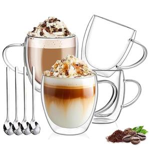 DINGPAl 3 Pack 8oz Double Wall Glass Coffee Mugs,Heat-resistant Borosilicate Glass Mug Cappuccino Espresso Tea Latte Cup with Handle,4 Spoons for Stirring Beverages in Bar,Cafe,or at Home