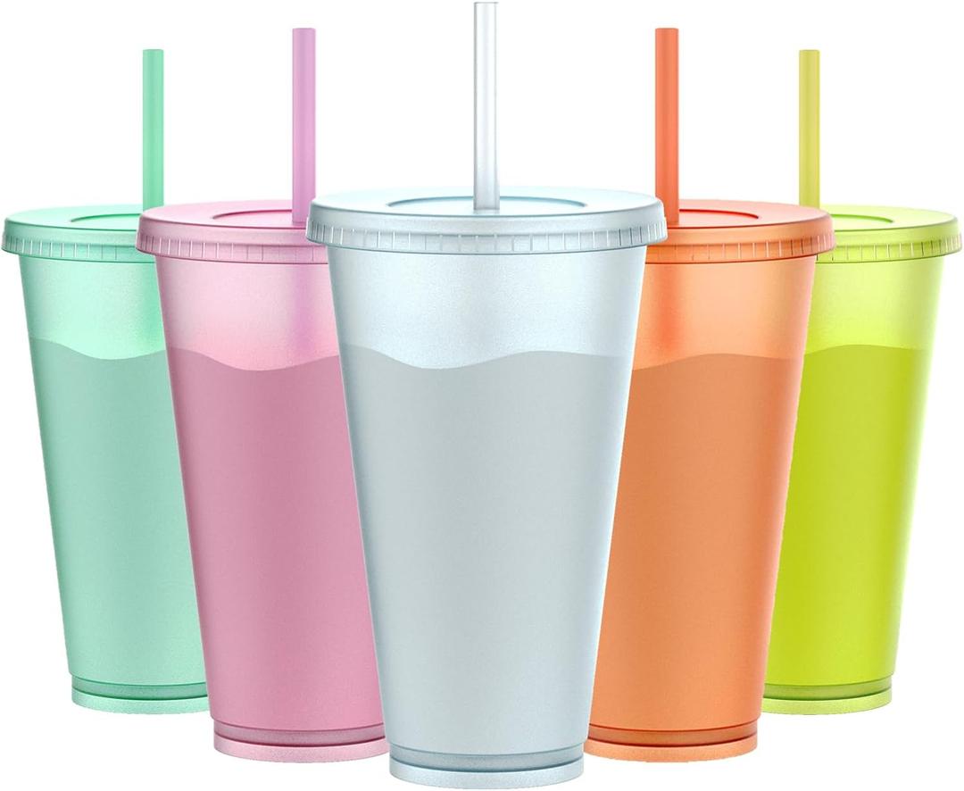 letech+ Plastic with Lids and Straws, 24 oz 5 Glitter Reusable Cups with Lids and Straws in Rainbow Colors, BPA-Free, Spill-Proof, for Adults Kids, Party, Portable, Ideal for Iced Coffee