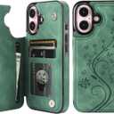 Vaburs Compatible with iPhone 16 Case Wallet with Card Holder,Embossed Butterfly Pattern PU Leather Double Buttons Flip Protective Shockproof Cover for Magnetic Car Mount 6.1 Inch (Dark Green)