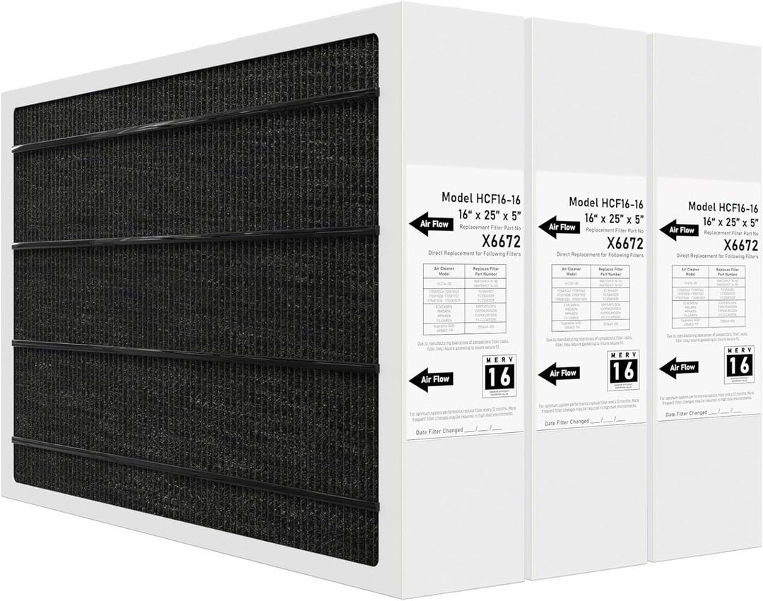 X6672 MERV 16 Filter 16x25x5 Compatible with Lennox X6672 Merv 16 Home Furnace Filter for HVAC System, Number HCF16-16, (Actual Size: 15.75 x 24.75 x 4.37 In), 3 Pack