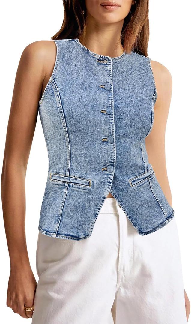Tankaneo Womens Button Down Denim Vest Tops Sleeveless Fitted Jean Tank Tops Summer Trendy Casual Waistcoat (Small, Blue)