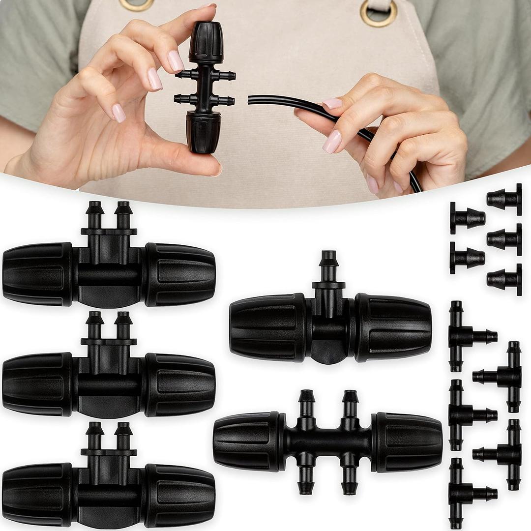 CARPATHEN Drip Irrigation Fittings Kit - 5/16 to 1/4 Connectors - (15-Pack) - 5 x Barbed Tee Connector for 5/16 to 1/4 Irrigation Tubing - 5 x Tee Splitter for 1/4 tubing - 5 x 1/4 End Plugs