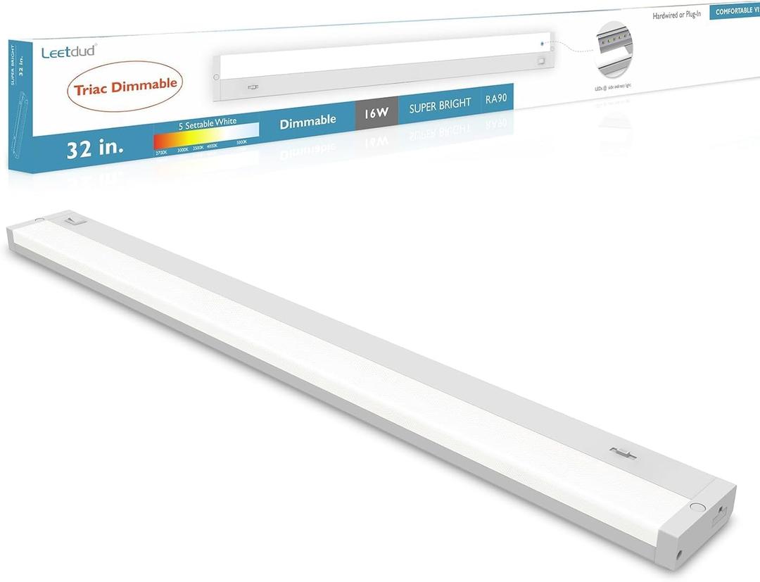 LED Under Cabinet Lighting Hardwired or Plug in, 32 Inch 16W, Dimmable 5 Color 2700K/3000K/3500K/4000K/5000K, Linkable Eyes Care Design Counter Lights for Kitchen, Sink, ETL Listed, White