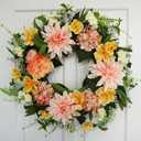 24 Inch Large Spring Summer Wreaths for Front Door, Luxury Handmade Tropical Wreath with Dahlia Peony Hydrangea Flower, Artificial Floral Wreaths for Porch Wall Window Farmhouse Decor (Pink Peach Yellow)