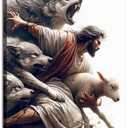 Framed Jesus and Lamb Wall Art Jesus Protecting Lamb from Wolves Canvas  24L"x16W