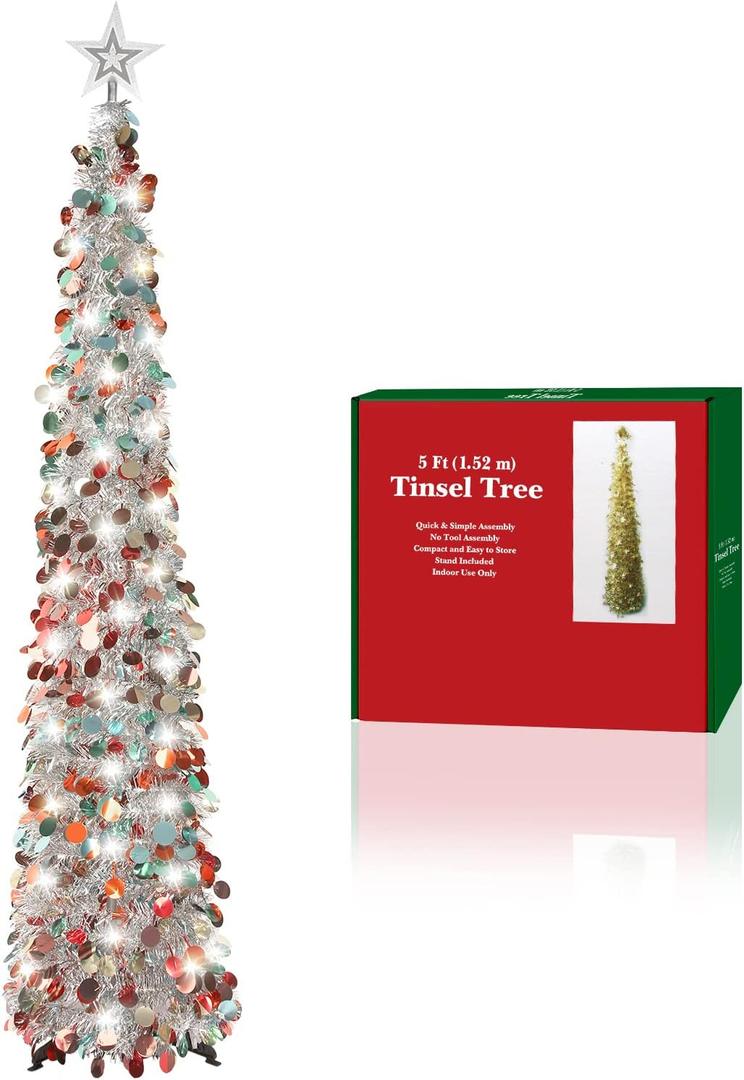 5FT Pop Up Christmas Tinsel Tree with 2 Modes 50 LED Lights and Colorful Sequins Ornaments, Easy-Assemble and Store for Xmas Home Holiday Fireplace Party Decorations