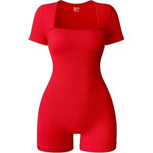OQQ Women Short Sleeve Rompers Yoga Stretch Square Neck Exercise Rompers Red Small