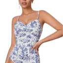 WDIRARA Women's Plant Figure Print Spaghetti Strap Shirt Sleeveless Cami Bodysuit (Blue, S)