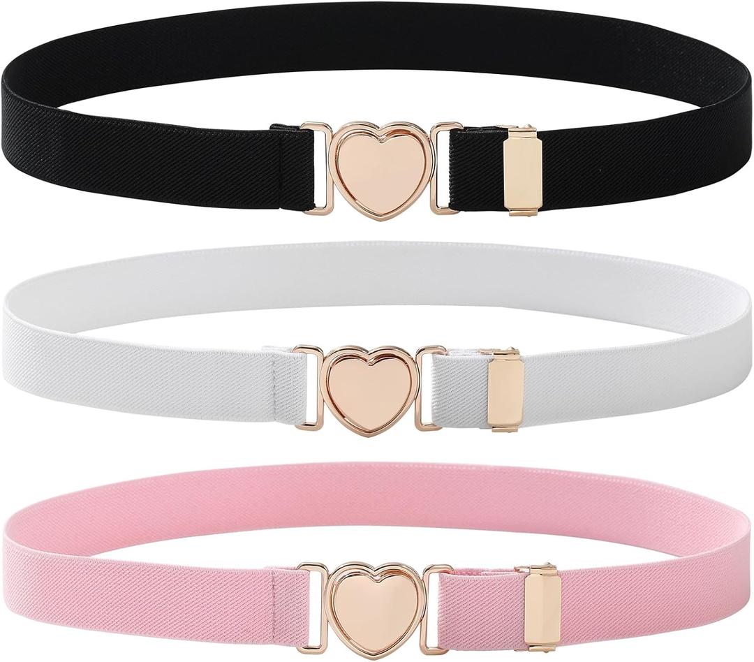 AWAYTR Kids Elastic Belt for Girls - Adjustable Toddler Heart Buckle Stretch Belts for Boys Girls (Fit Waist: 15"-27", C-black, white)