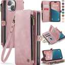 Defencase Compatible with iPhone 14 Case Wallet with RFID Blocking Card Holder for Women and Men, Fashion PU Leather Magnetic Snap Flip Zipper Strap Wallet Phone Case Fit for iPhone 14 6.1", Rose Pink