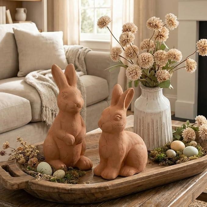 FoldTier 2 Pcs Easter Terracotta Bunny Figurines Decorations Handmade Rustic Rabbit Statues Easter Vintage Standing Sitting Rabbit Farmhouse Bunny Decor for Spring Home Indoor Table Shelf Centerpiece
