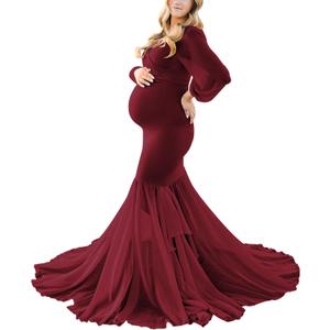 Saslax Long Chiffon Sleeve Tired Mermaid Maternity Dress for Photoshoot Photography Baby Shower (Medium, Burgundy)