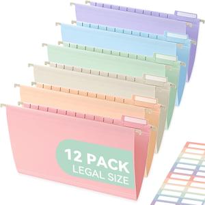 SortRax Plastic Legal Size Hanging File Folders, 12 Pack Pastel Hanging Folders, with Insertable 1/5-Cut Tabs for Filing Cabinets
