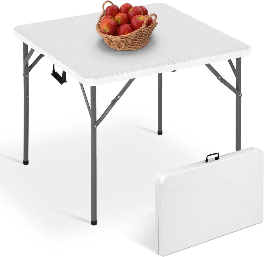 34" Folding Card Table, Heavy Duty Plastic Square Table - Portable Fold-in-Half w/Handle & Lock for Camping, BBQ, Party, Events