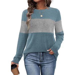 WIHOLL Womens Sweaters Trendy Color Block Tops Long Sleeve Shirts Fall Outfits Early Fall Fashion 2025 Winter Clothing (Medium, Unique Muted Blue Grey)