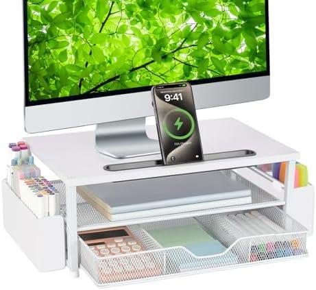 AUPSEN White Monitor Stand Riser, 2-Tier Wood Computer Desk Organizer with Drawer, Pen Storage & Phone Holder ，Office Desk Accessories Desktop Organizer for Office Supplies