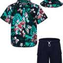 Boys Hawaiian Shirt and Short Set Summer Outfit Kids 2 Piece Clothes Set With Bucket Hat (3-4T, Black)