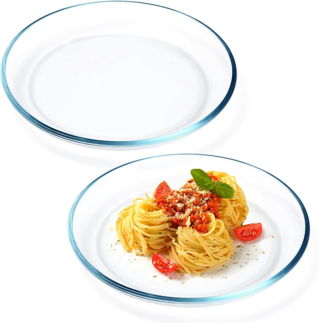 NUTRIUPS 2 Pack 9 inch Glass Plates - with Lipped Edge - Clear Tempered Glass Dinner Plates, Glass Serving Dinnerware for Pasta, Salad, Dishwasher and Microwave Safe