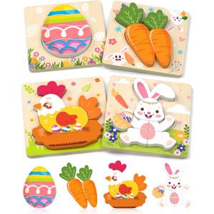 Kidific Easter Wooden Puzzles Toys for Toddler, 4 Pack Easter Basket Stuffers Party Favors Birthday Gifts Essentials Montessori Toys Puzzles for Kids Girls Boys