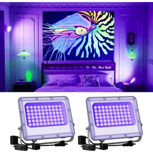 2 Pack 50W Blacklight Flood Lights Wired 120V IP66 Waterproof UV Led Black Light Use to Outdoor or Indoor for Landscape Decor, 3D Resin Prints, Ultraviolet Reactive Poster, Body Paint, Glow Party