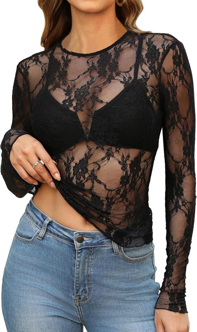 OFEEFAN Womens Tops Women's Clothing Mesh Lace Long Sleeve Shirts Summer Business Casual Outfits Vacation Country Concert Western Fall Fashion 2026 Slim Fitted Dressy Crewneck Blouses Clothes Black M