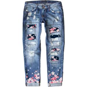 EVALESS Ripped Jeans for Women Plaid Patch Boyfriend Skinny Distressed Denim Jean Pants (Blue, L)