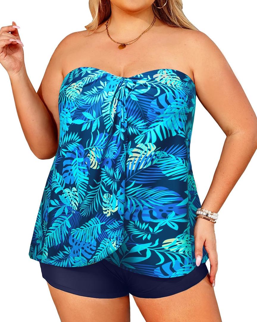 Daci Plus Size Bandeau Tankini Swimsuit for Women 2 Piece Halter Swim Top with Shorts Tummy Control Bathing Suits (Blue Leaves)