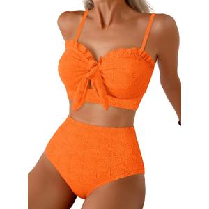 Herseas Women's Seashell Textured Bikini Sets Knotted Front 2 Piece Swimsuits Ruffle Trim Bathing Suits (Orange, M)