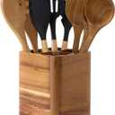 Wood Utensil Holder for Kitchen Counter, 360 Rotating Kitchen Utensil Holder, 7.2"x 6" Large Acacia Cooking Utensil Crock for Countertop (SQUARE)