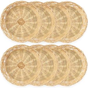 Cheardia 8 Pack Bamboo Paper Plate Holders, 10 Inches Reusable Wicker Charger Plates for Dinner Plates Natural Hand Woven Wicker Paper Plate Baskets for Home Party Daily Dinning Picnic